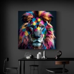 Tableau tete de lion Colore mur noir.jpg